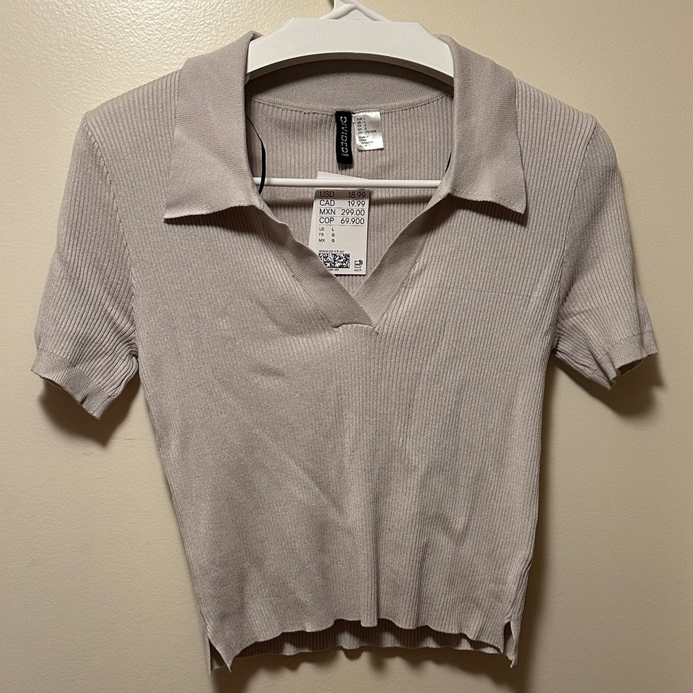 Light Taupe Ribbed Polo Top